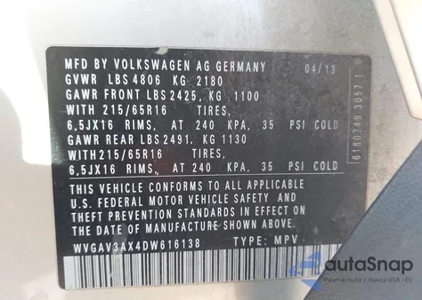 2013 Volkswagen Tiguan S из США, поврежденный, VIN WVGAV3AX4DW616138